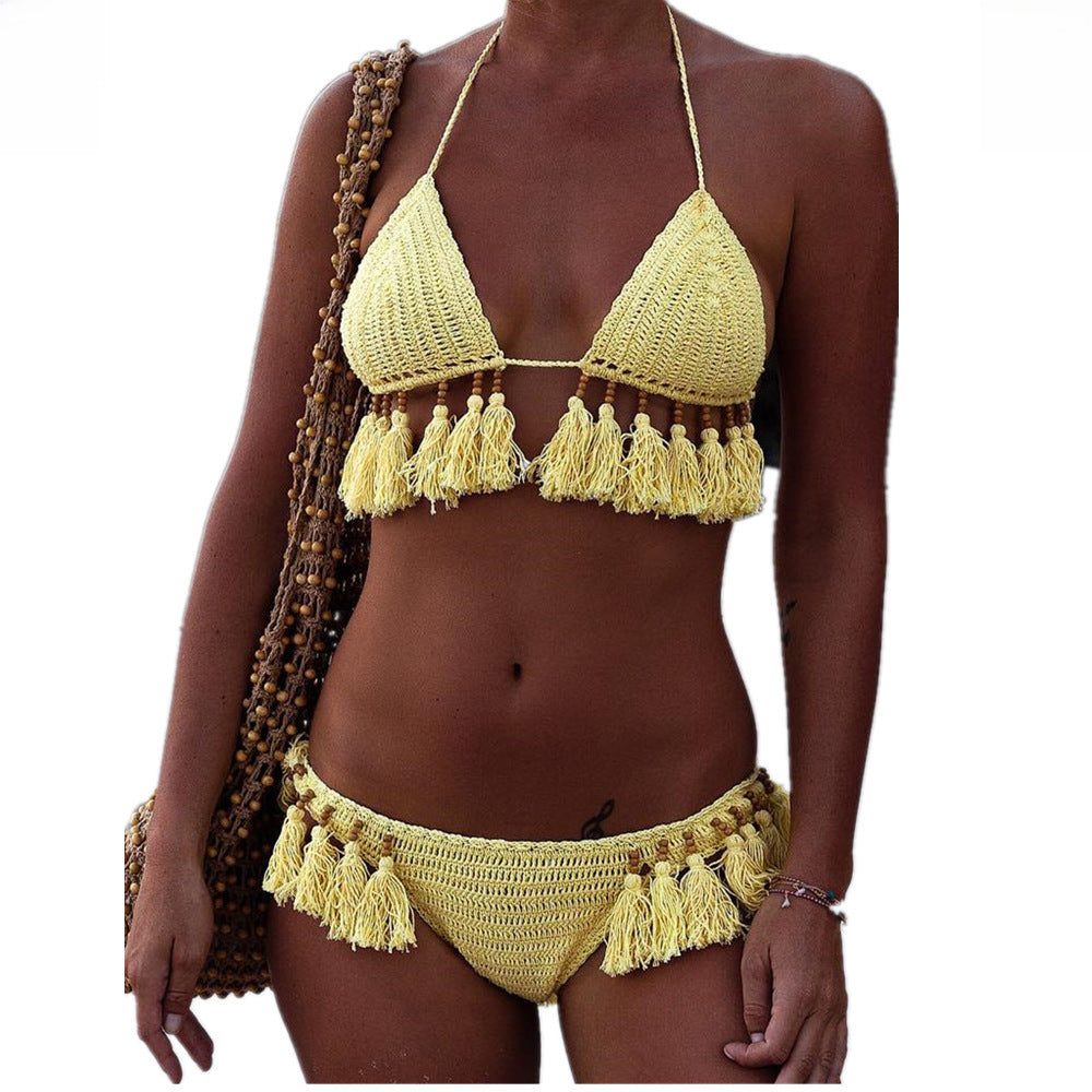 Costume da bagno in pizzo mano fatto con perle e nappe, donna