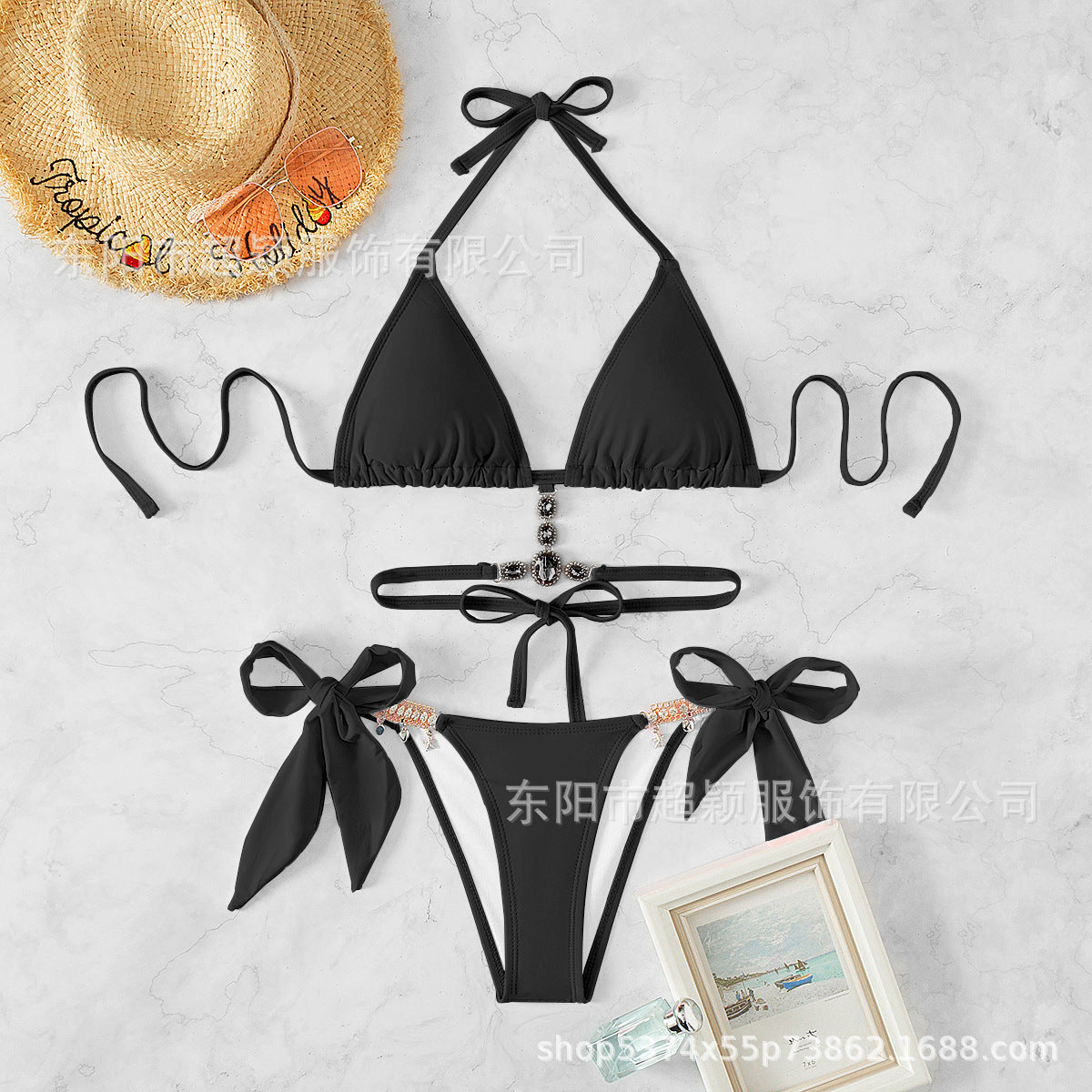 Costume Da Donna Moderno con Cristalli, Design Triangle, Spalline, Rivela-Schiena, Spiaggia, Bikini Europeo