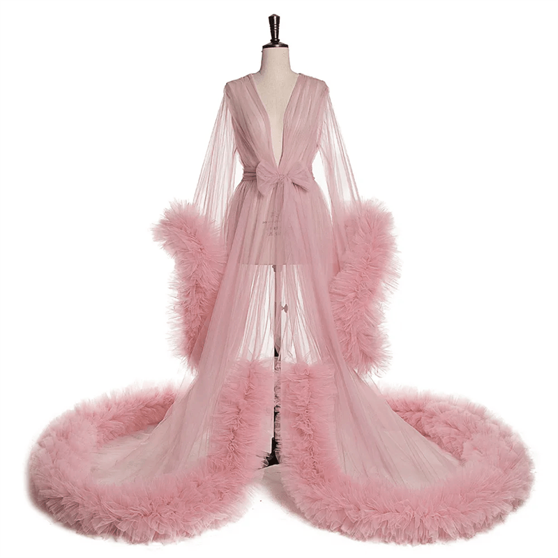 Fancy Bride Long Deep V Pink Dressing Robe Wedding Nightgown Gown