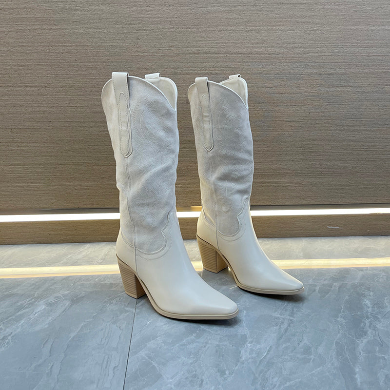 Stivali Cowboy Retro Beige-Bianco con Tacco Spesso al Ginocchio