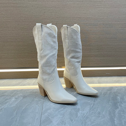 Stivali Cowboy Retro Beige-Bianco con Tacco Spesso al Ginocchio