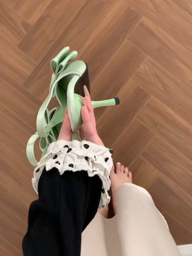Scarpe estive verde punto con nastro, tacchi alti, adatte a una gonna, sandali, stile francese, gamma di colori ampia