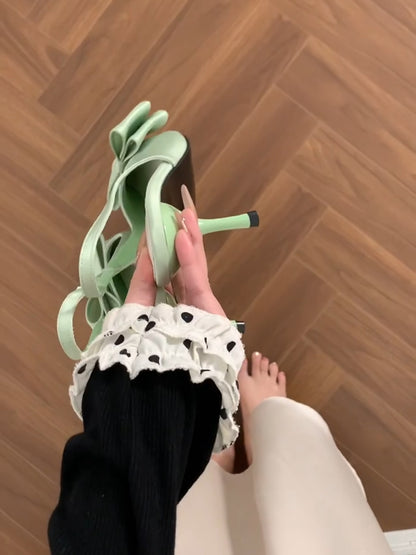 Scarpe estive verde punto con nastro, tacchi alti, adatte a una gonna, sandali, stile francese, gamma di colori ampia