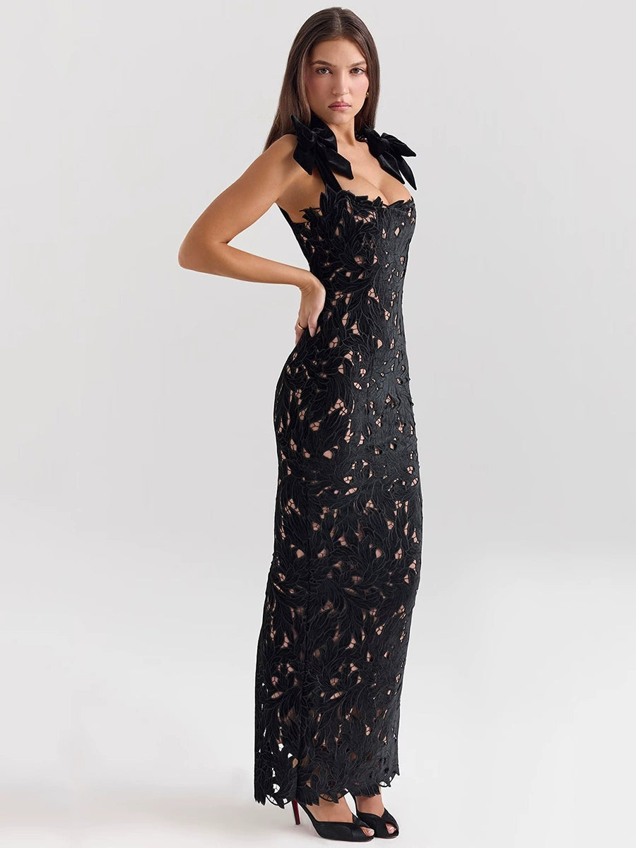 Abito donna lungo con nastri, Manica a Tracolla, Stile Sexy, Pizzo, Taglie S-M-L