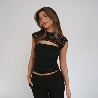 Top Donna Moderno in Misto di Lino, Nero, Taglie S/M/L