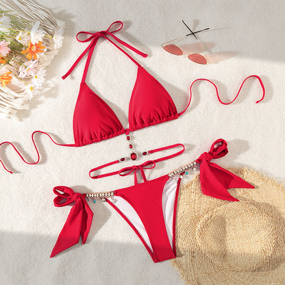 Costume Da Donna Moderno con Cristalli, Design Triangle, Spalline, Rivela-Schiena, Spiaggia, Bikini Europeo