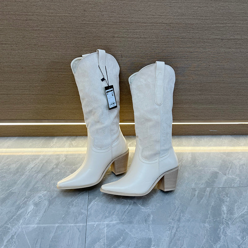 Stivali Cowboy Retro Beige-Bianco con Tacco Spesso al Ginocchio