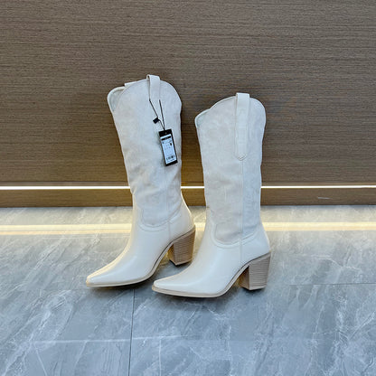 Stivali Cowboy Retro Beige-Bianco con Tacco Spesso al Ginocchio