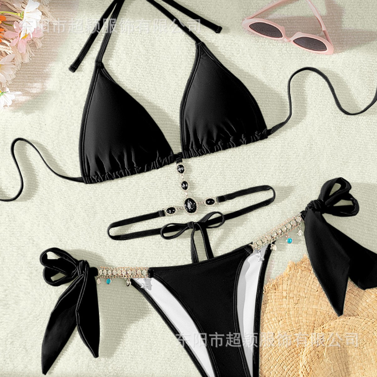 Costume Da Donna Moderno con Cristalli, Design Triangle, Spalline, Rivela-Schiena, Spiaggia, Bikini Europeo