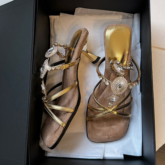 Scarpe estive con tacchi alti, sandali, stile francese retrò, vera pelle