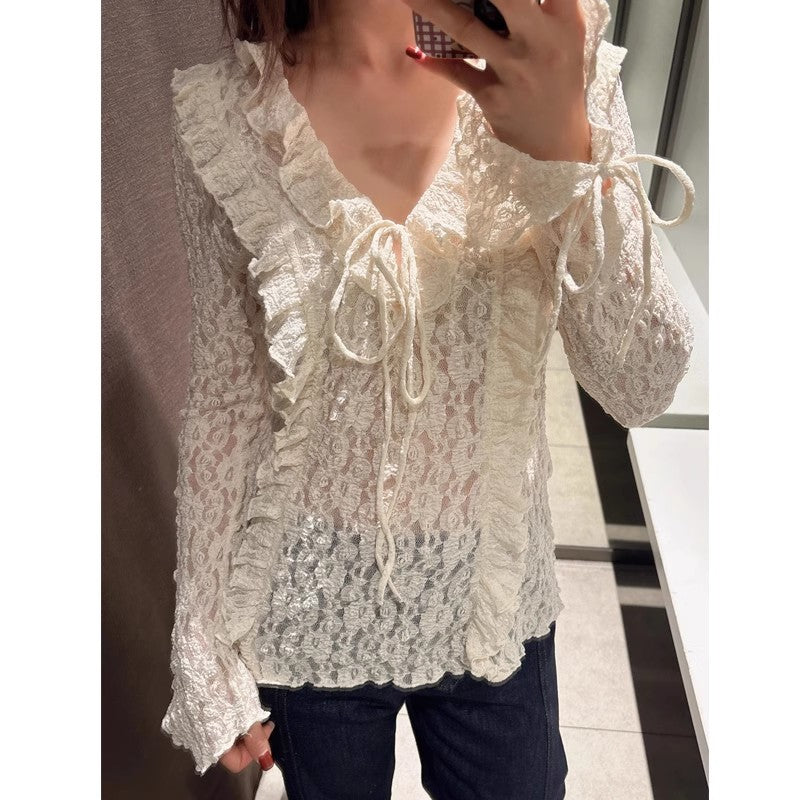 Maglia donna in pizzo con risvolto francese