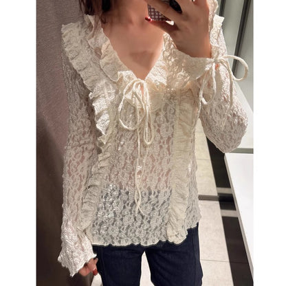Maglia donna in pizzo con risvolto francese