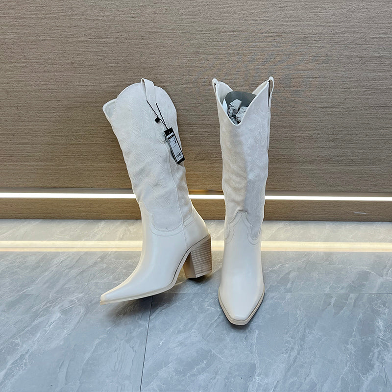 Stivali Cowboy Retro Beige-Bianco con Tacco Spesso al Ginocchio