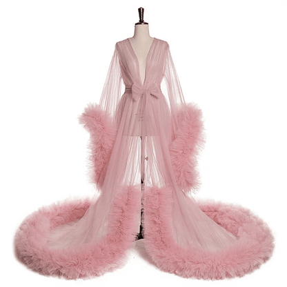 Fancy Bride Long Deep V Pink Dressing Robe Wedding Nightgown Gown