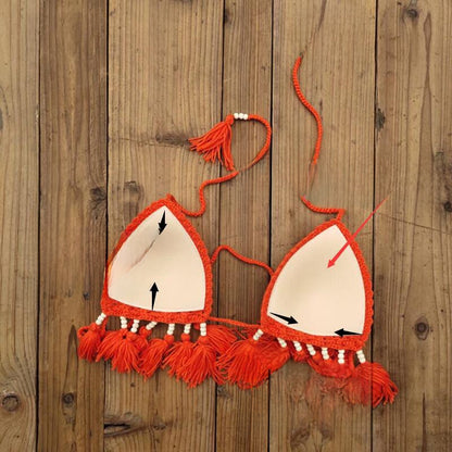 Costume da bagno in pizzo mano fatto con perle e nappe, donna