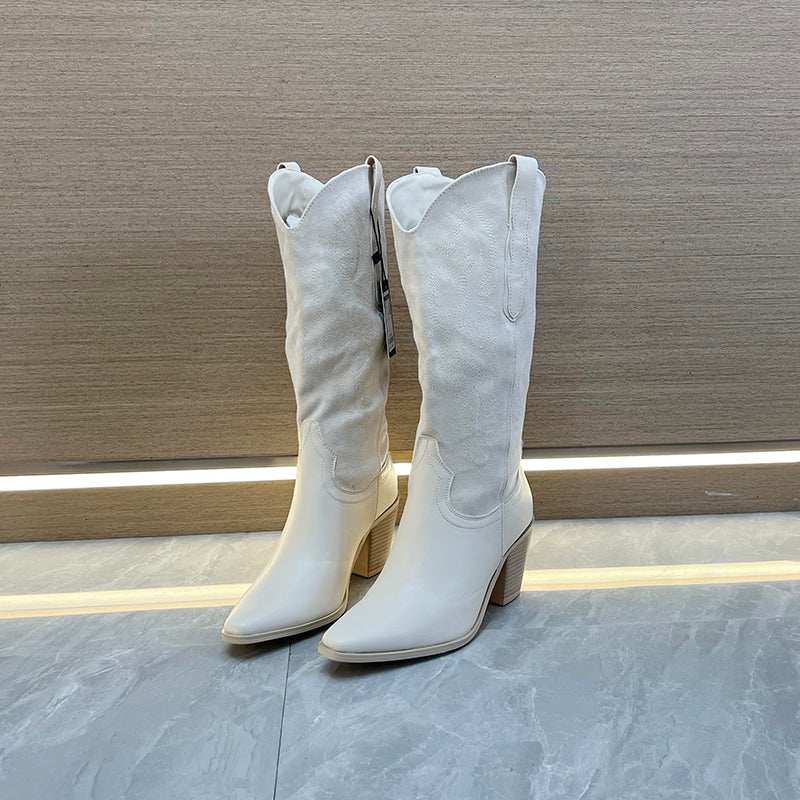 Stivali Cowboy Retro Beige-Bianco con Tacco Spesso al Ginocchio