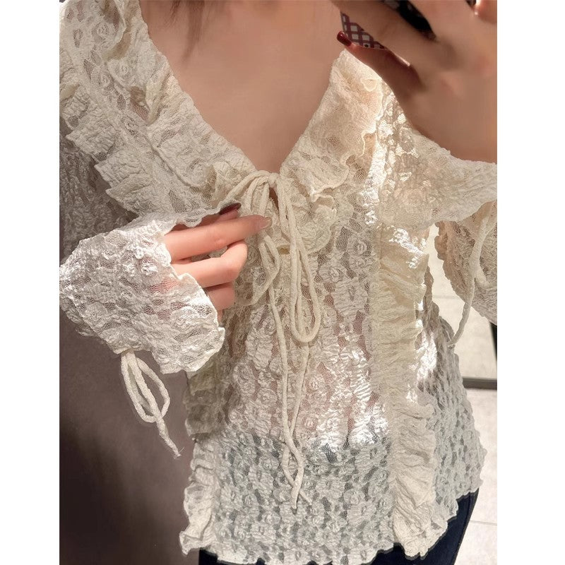 Maglia donna in pizzo con risvolto francese