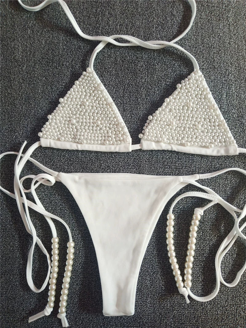 Donne Triangolo Bikini Costumi da Bagno con Catena di Perle in Nylon