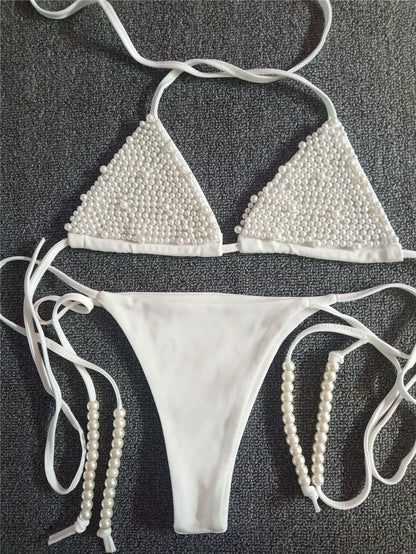 Donne Triangolo Bikini Costumi da Bagno con Catena di Perle in Nylon
