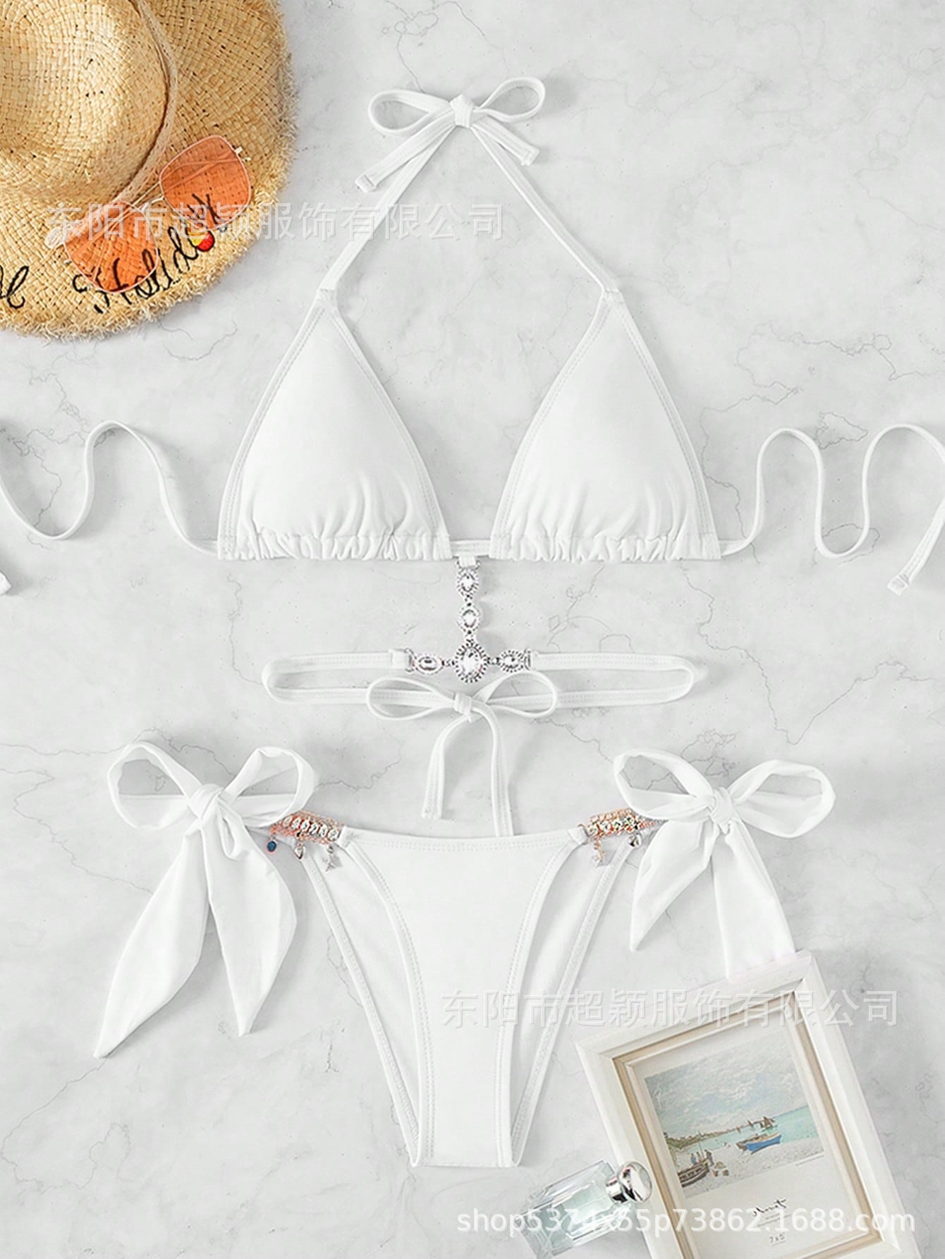 Costume Da Donna Moderno con Cristalli, Design Triangle, Spalline, Rivela-Schiena, Spiaggia, Bikini Europeo