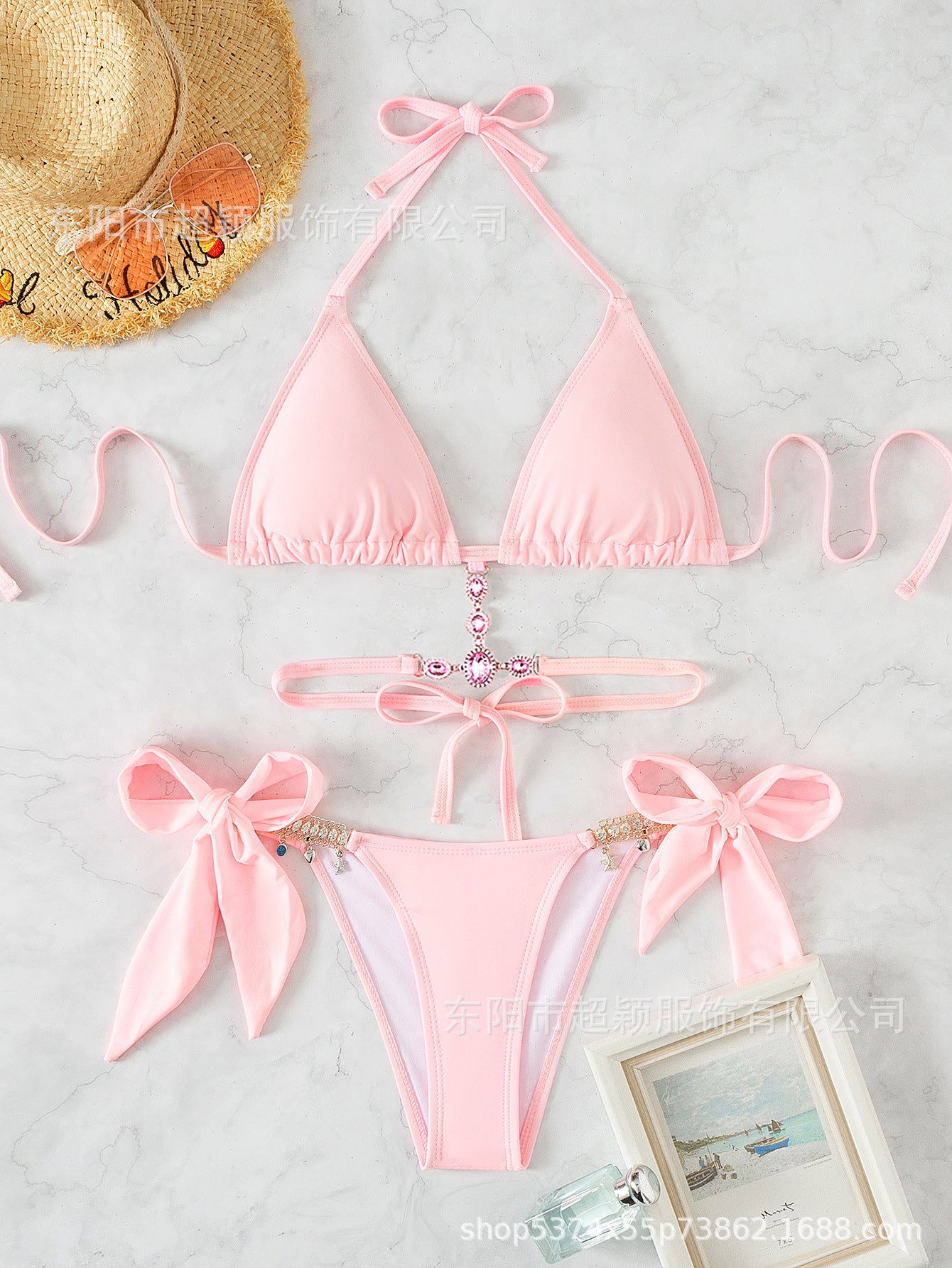 Costume Da Donna Moderno con Cristalli, Design Triangle, Spalline, Rivela-Schiena, Spiaggia, Bikini Europeo