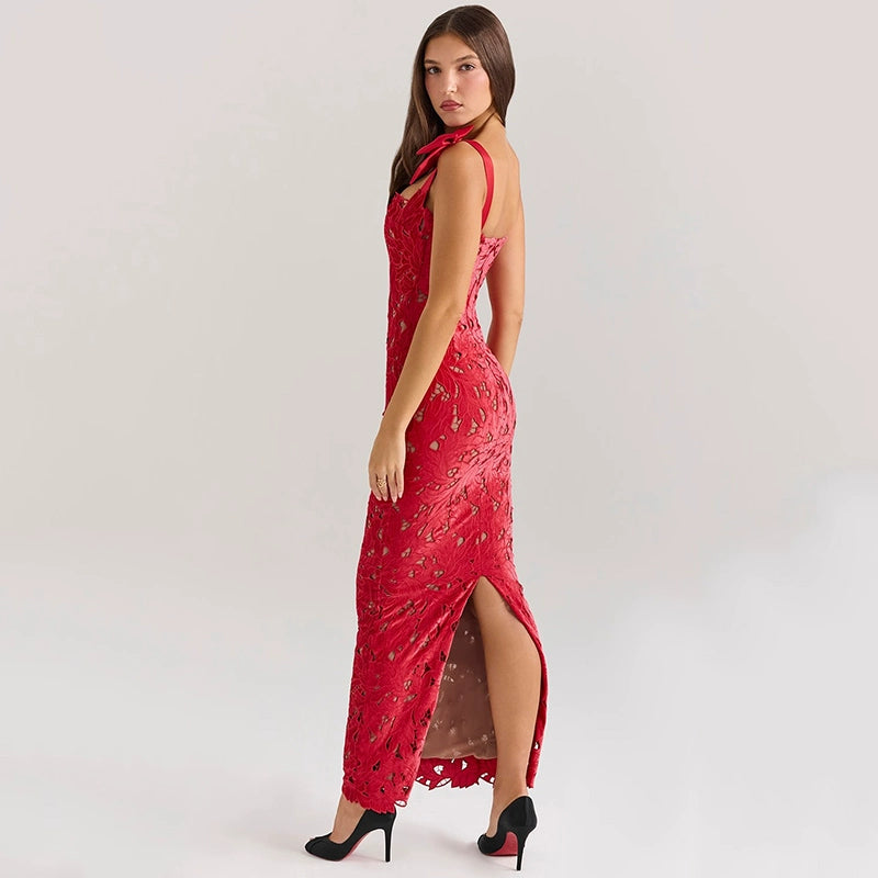 Abito da Sera Rosso, Cinturino con Fiocco, Lunga Gonna, Effetto Snellente, Da Donna