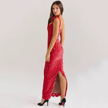 Abito da Sera Rosso, Cinturino con Fiocco, Lunga Gonna, Effetto Snellente, Da Donna