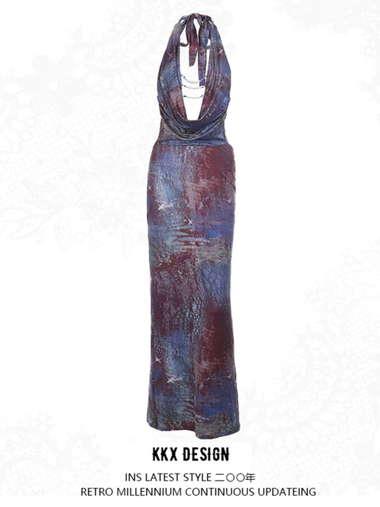 Vestito sexy con volant, tubino intero con gonna lunga, alta cintura, colore porpora, materiale poliestere