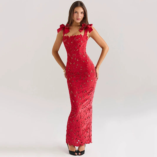 Abito da Sera Rosso, Cinturino con Fiocco, Lunga Gonna, Effetto Snellente, Da Donna