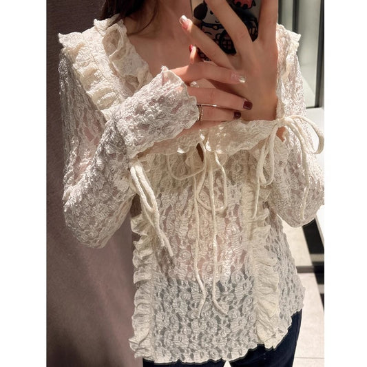 Maglia donna in pizzo con risvolto francese