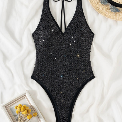 Costume da bagno in paillettes nero, monopiece con schiena aperta e taglio alto, ideale per spiaggia e mare, donna