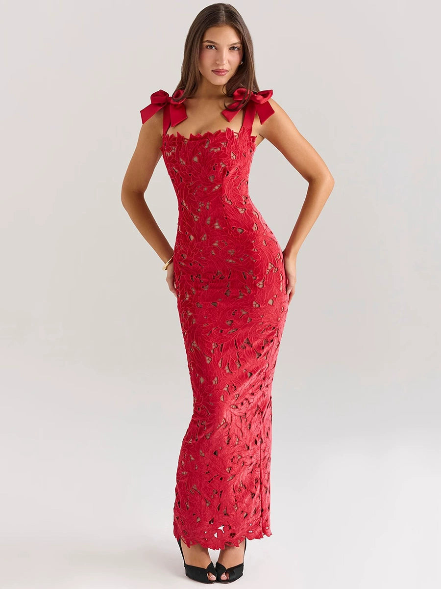 Abito donna lungo con nastri, Manica a Tracolla, Stile Sexy, Pizzo, Taglie S-M-L