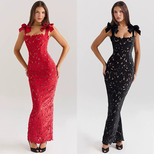 Abito da Sera Rosso, Cinturino con Fiocco, Lunga Gonna, Effetto Snellente, Da Donna