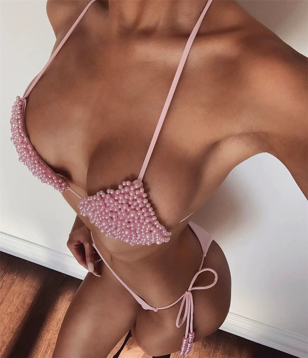 Donne Triangolo Bikini Costumi da Bagno con Catena di Perle in Nylon