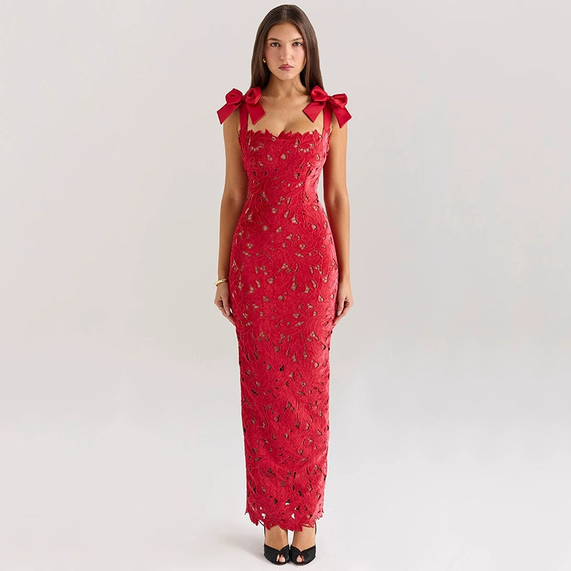 Abito da Sera Rosso, Cinturino con Fiocco, Lunga Gonna, Effetto Snellente, Da Donna