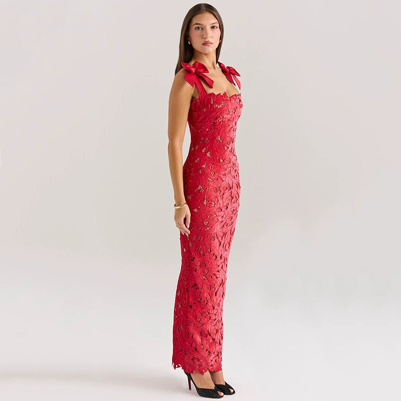 Abito da Sera Rosso, Cinturino con Fiocco, Lunga Gonna, Effetto Snellente, Da Donna
