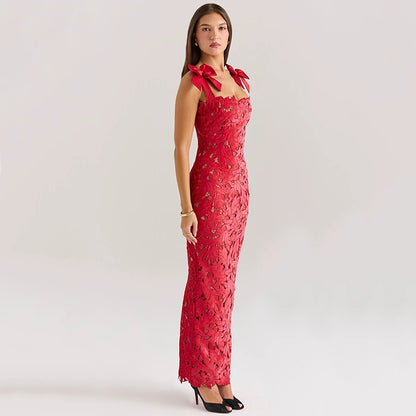 Abito da Sera Rosso, Cinturino con Fiocco, Lunga Gonna, Effetto Snellente, Da Donna