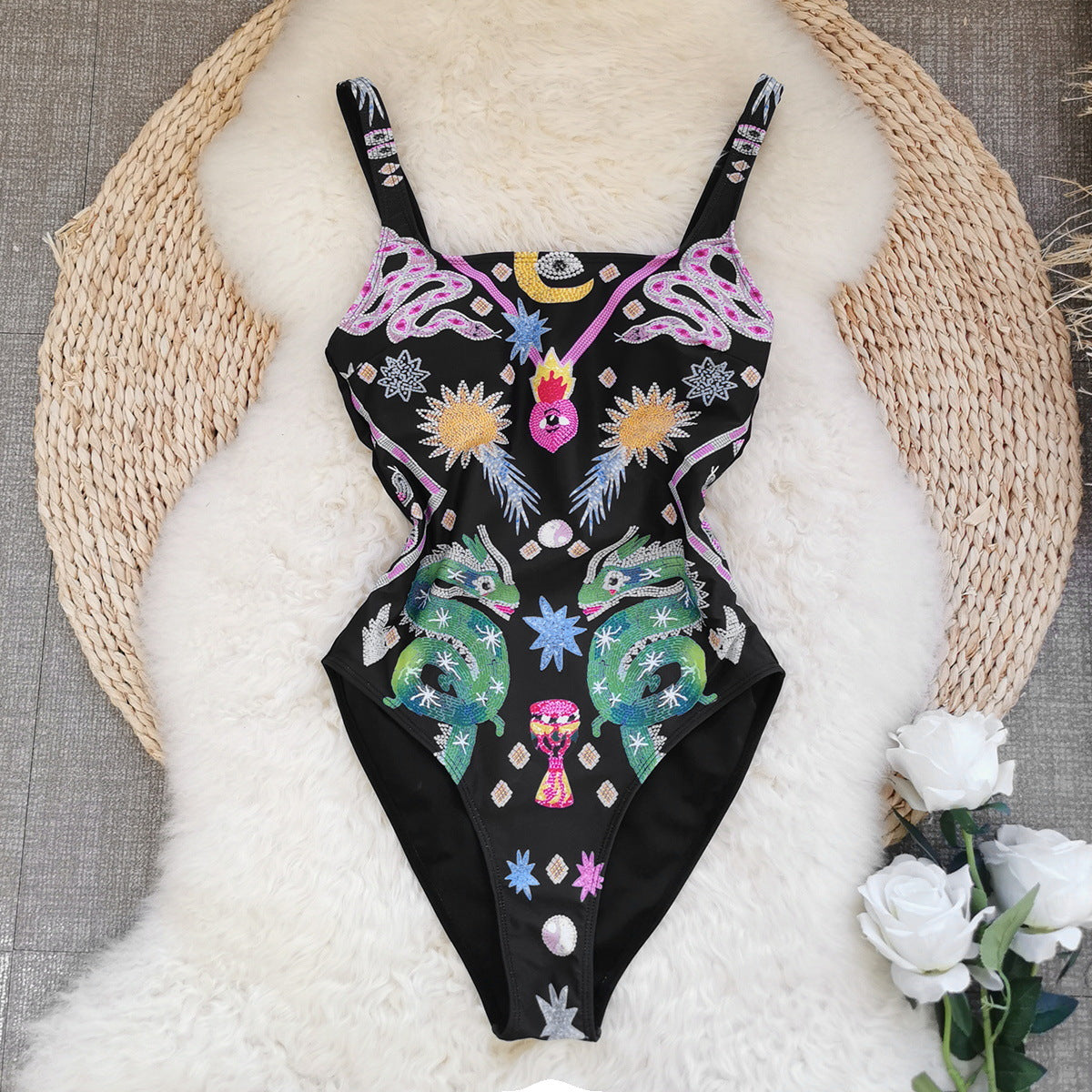 Costume intero donna stile europeo e americano, alto taglio,Sexy, stampa floreale serpente drago su fondo nero