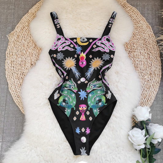 Costume intero donna stile europeo e americano, alto taglio,Sexy, stampa floreale serpente drago su fondo nero